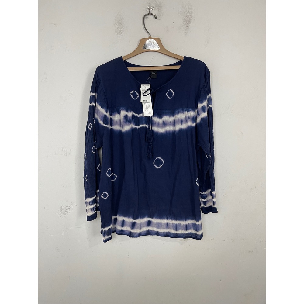 Ashley Stewart Tie Dye Cotton Peasant Top Blue White Tassel 22/24 NWT
